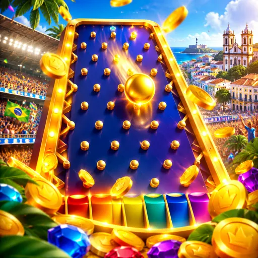 Bolinha do Plinko caindo pela pirâmide de pinos até as casas de multiplicador